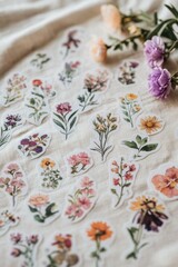 Naklejka premium Pastel Floral Stickers on Linen Fabric for Soft and Delicate Design