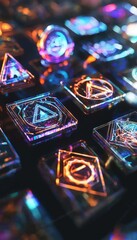 Futuristic Holographic Stickers on Glossy Surface with Reflective High-Tech Atmosphere