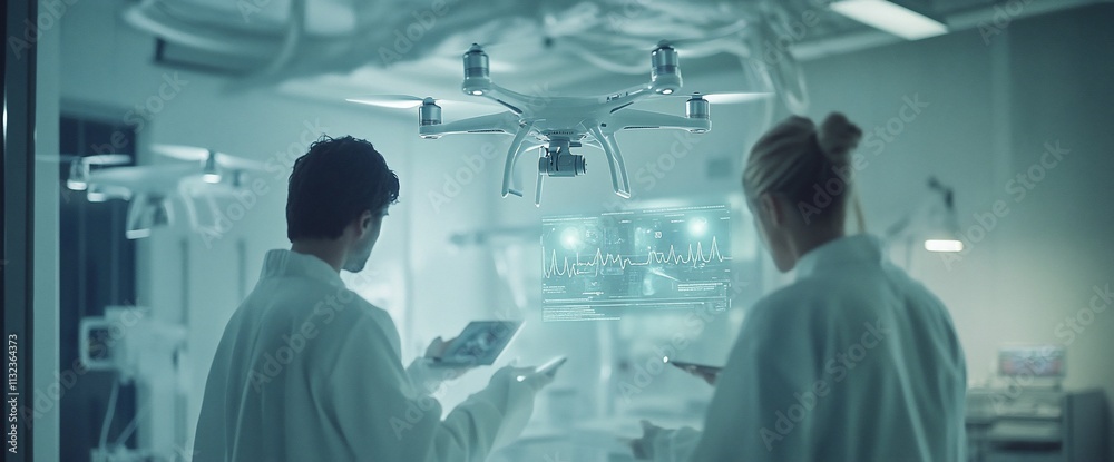 Aufkleber Two scientists observe a drone and holographic data in a lab setting.