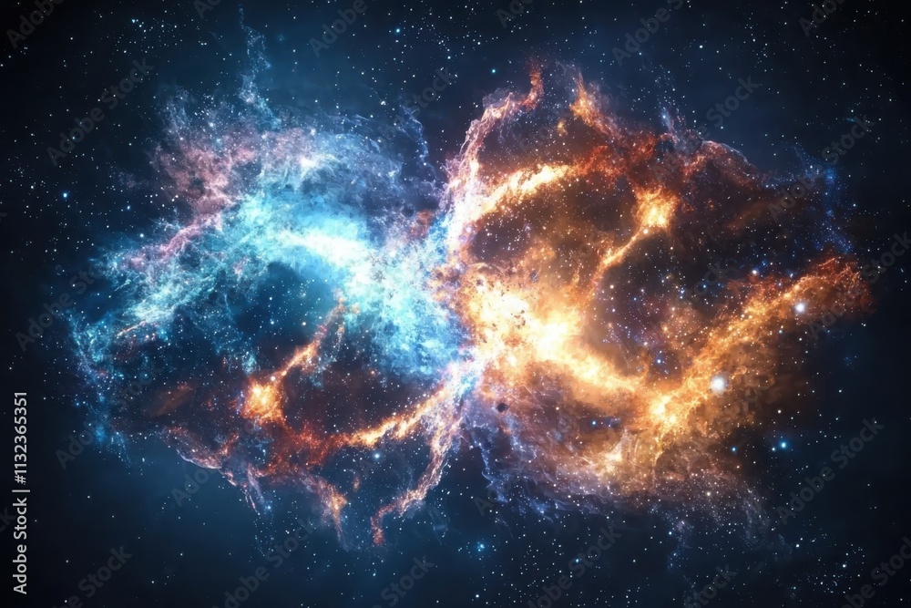 Poster galactic collision simulation animated representation of two galaxies merging in space creating stun