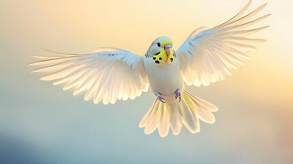 Obraz premium Single budgerigar in flight with wings spread wide, against a soft gradient sky background