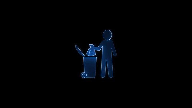 A glowing neon man with dustbin icon animation near trash can for concept with a black background.
