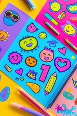 Vibrant Emoji Sticker Sheets on Colorful Table for Creative Youthful Branding and Design