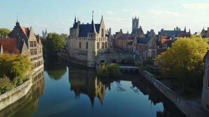 Fototapeta premium Stunning Gent Canal Reflection: Medieval Architecture