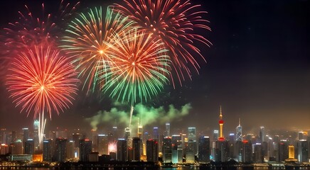 Chinese New Year: Fireworks exploding in the night sky, sparklers and light plumes, festive atmosphere