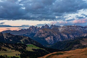 Naklejka premium Panoramic view of the Val Gardena Dolomites in Italy.