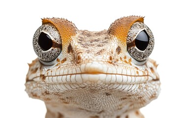 Close-up portrait of a gecko with large eyes and speckled skin against a white background.