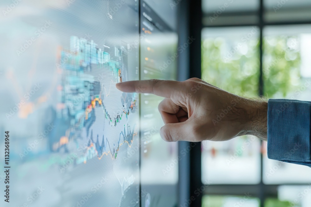 Poster pointing at an interactive data visualization dashboard in a modern conference room with graphs and 