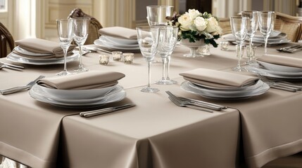 Elegant Table Setting Beige Tablecloth, Fine China, and Sparkling Glassware for a Special Occasion.
