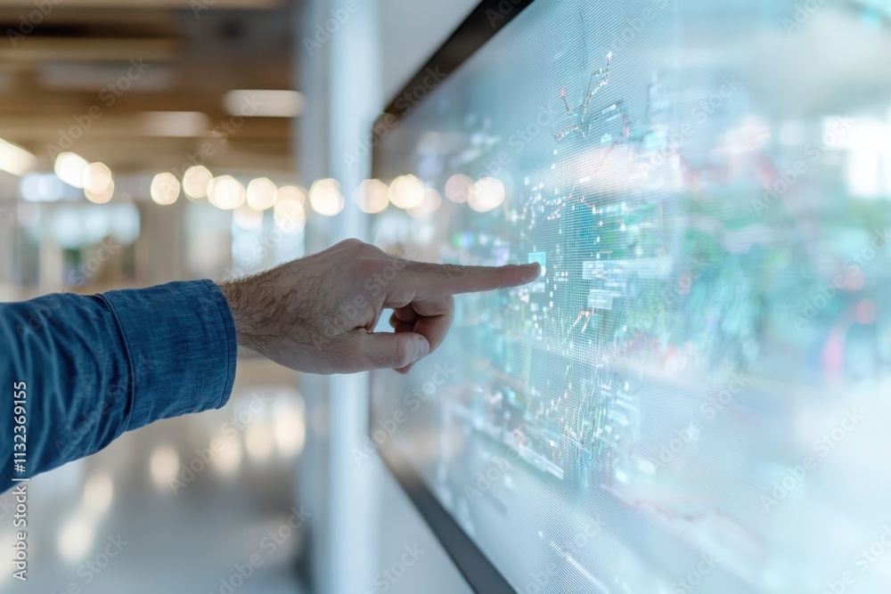 Poster pointing at an interactive data visualization dashboard in a modern conference space with graphs and