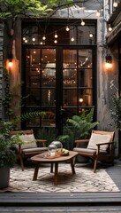 Fototapeta premium Cozy Outdoor Patio with Mocha Mousse Lounge Chairs and Warm Evening Lighting for Relaxing Evenings