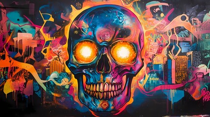 Fototapeta premium Vibrant Skull Graffiti Mural: A Psychedelic Masterpiece