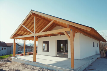 Timber frame house under construction with wooden beams and roof against vibrant blue sky on sunny day