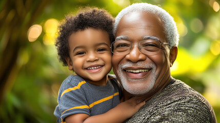 Smiling grandfather and grandson enjoy a joyful moment outdoors in a lush garden during a sunny afternoon. Generative AI