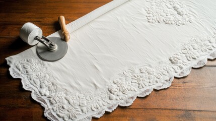 Elegant ivory fabric with floral embroidery and lace edge design