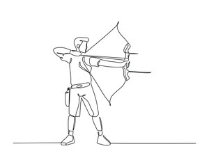 Continuous line drawing of an archer aiming with a bow and arrow, showcasing precision and focus in archery. Ideal for sports, recreation, and skill-themed designs.