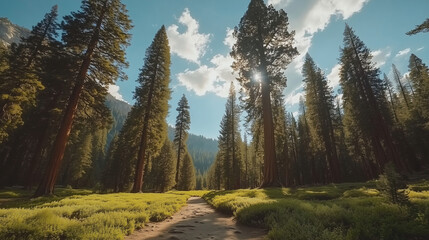 Sunlight breaks through tall trees in a tranquil forest during a clear morning in a natural green landscape. Generative AI