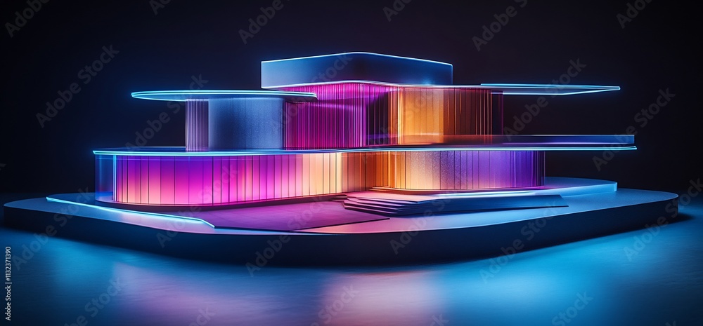 Poster a futuristic architectural model illuminated with vibrant neon colors.