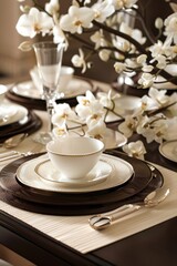 Elegant Dinner Party Table with Dessert and Floral Arrangement for Special Occasions