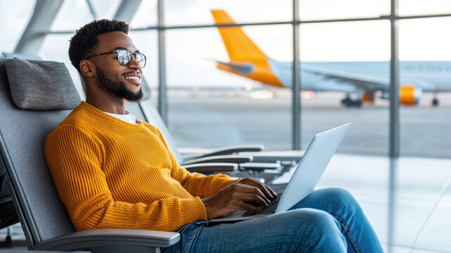 A young professional sitting at an airport lounge with a laptop, researching work-study opportunities, a plane visible in the background.