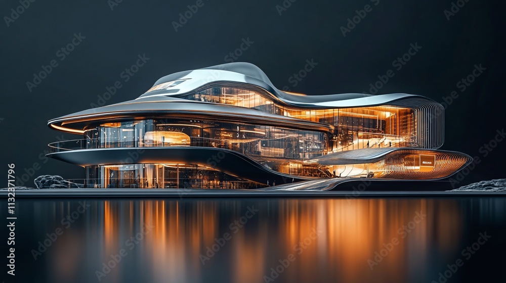 Poster A futuristic architectural design featuring sleek lines and glowing elements.