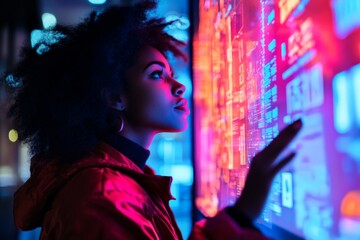 Fototapeta premium A woman interacts with vibrant digital displays. She is immersed in futuristic data. The colorful lights reflect innovation and technology. Generative AI.