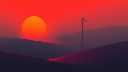 Obraz premium Stunning sunset silhouette of a wind turbine in serene landscape warm orange sky tranquil evening view