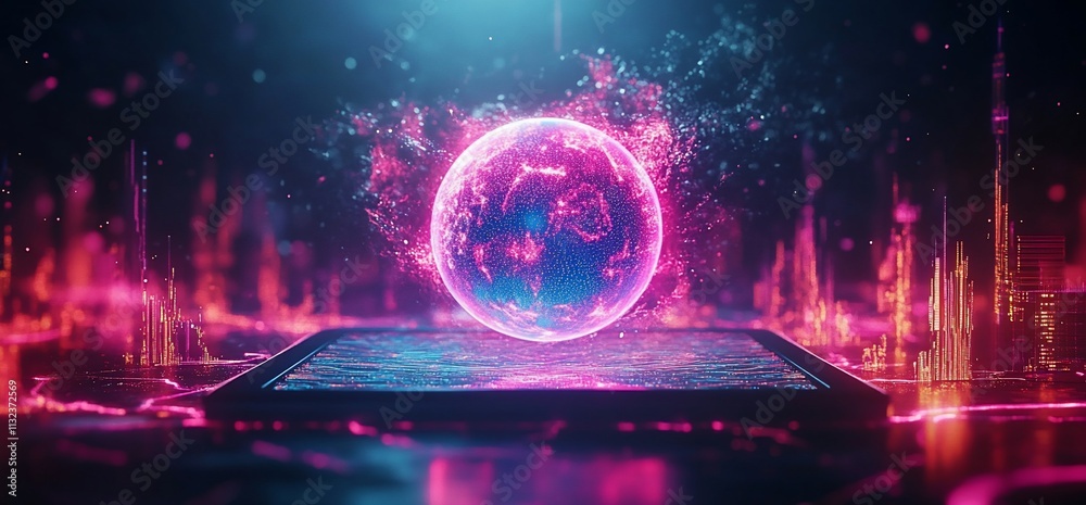 Aufkleber a futuristic digital globe surrounded by vibrant data visualizations.