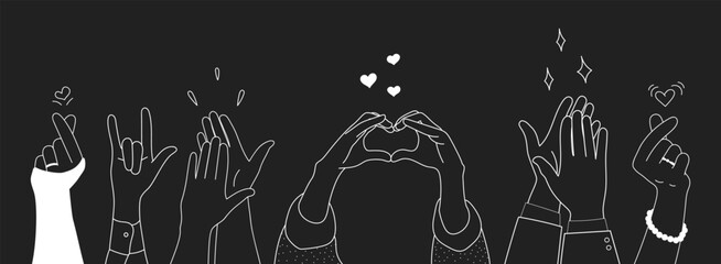 Doodle sketch hands up gestures comic icons silhouettes vector set. Group of line art fun comic hands in the air. Voting or happy congratulation audience recognition symbols.