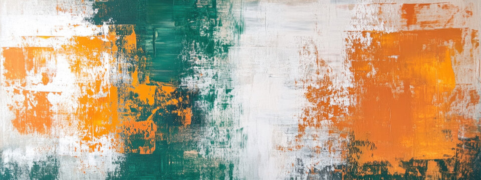 Abstract artwork displays vibrant green and orange patches with white accents. The textured surface adds depth and character, inviting curiosity and interpretation in an artist's studio.