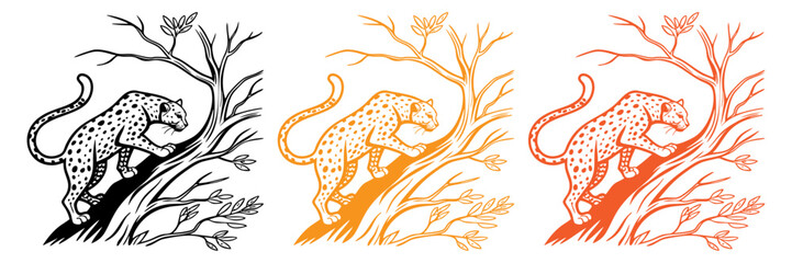 A leopard crouched low on a tree branch, with its tail curled around and detailed spots across its body. Sharp claws grip the branch. Black line art.

