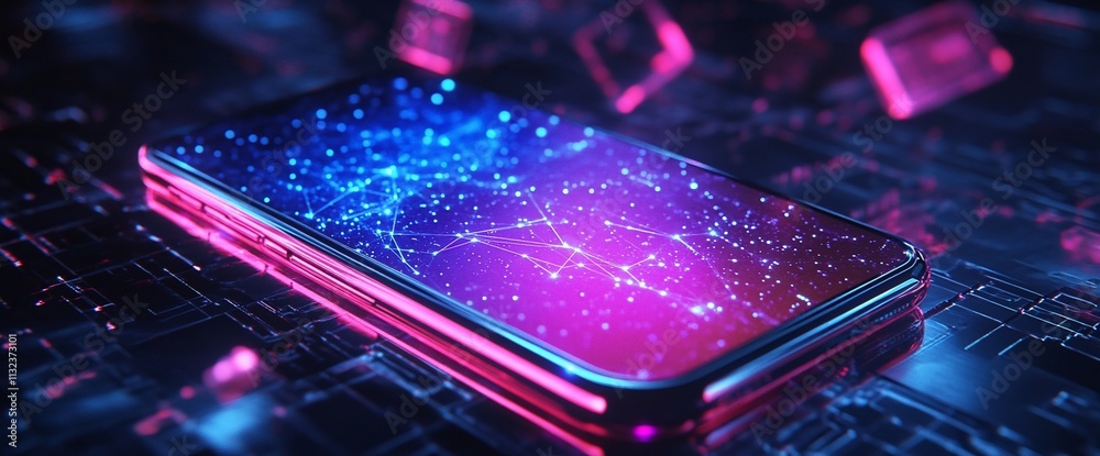 Aufkleber a futuristic smartphone displaying a vibrant, interconnected digital network.