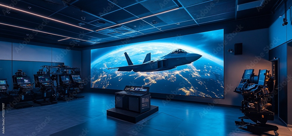 Poster A futuristic simulation room featuring a large screen with a fighter jet.