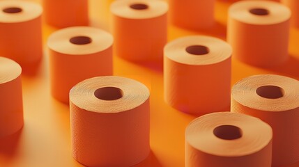 Several rolls of toilet paper sit on a bright orange surface, awaiting use