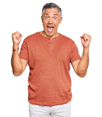 Handsome middle age man wearing casual clothes celebrating surprised and amazed for success with arms raised and open eyes. winner concept.