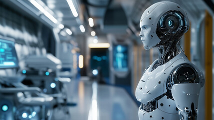 Robot o humanoidalnych kształtach znajduje się w nowoczesnym, sterylnym wnętrzu, wśród zaawansowanych urządzeń przemysłowych.

