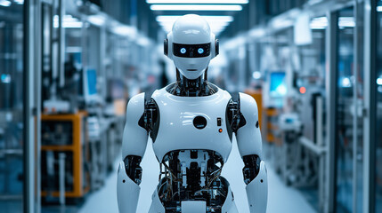 Robot o humanoidalnych kształtach znajduje się w nowoczesnym, sterylnym wnętrzu, wśród zaawansowanych urządzeń przemysłowych.

