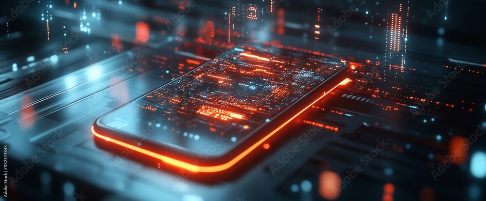 Poster a futuristic smartphone with glowing circuitry on a digital surface.