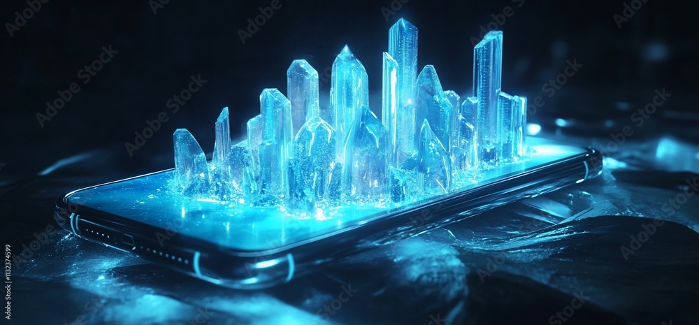 Poster a glowing smartphone with crystal formations emerging from its screen.