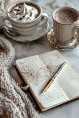 Fototapeta premium Cozy Coffee Break with Mocha Mousse and Open Journal on a Relaxing Cafe Table Setting