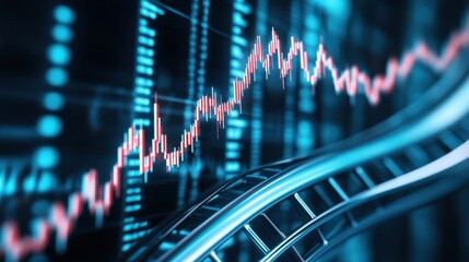 Red candlestick chart showing cryptocurrency increasing profits over time on blue abstract background, concept of success in finance and investment