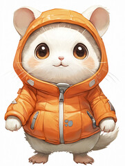 Adorable fluffy white brown hamster tiny round stubby tail cozy orange jacket expressive playful anthropomorphic character design children’s illustration character concept cute mouse white story book