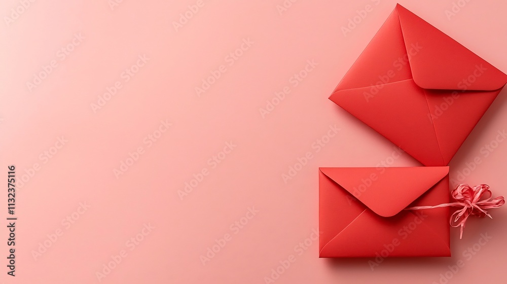 Poster elegant red envelopes arranged in a symmetrical pattern on a smooth pastel pink background creating 
