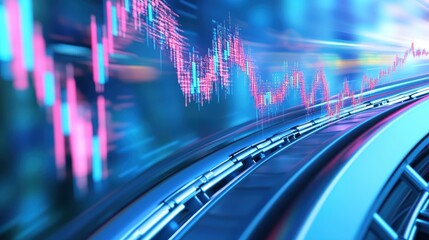 Red candlestick chart showing cryptocurrency increasing profits over time on blue abstract background, concept of success in finance and investment