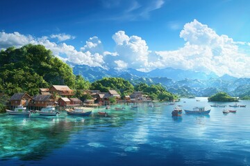 Calm fishing in an idyllic village with colorful boats lush hills and clear skies for peaceful moments