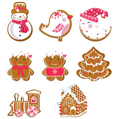 Fototapeta premium A set of festive Christmas gingerbread. House, a snowman, a locomotive, a bird, a mans, a tree, a month on a white isolated background. For decoration, packing. Vector illustration.