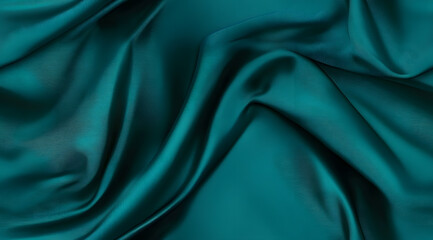 Fototapeta premium Dark teal green silk satin. Shiny smooth fabric. Soft folds. Luxury background with space for design. web banner. Flat lay, top view table. Birthday, Christmas, Valentine, New year.