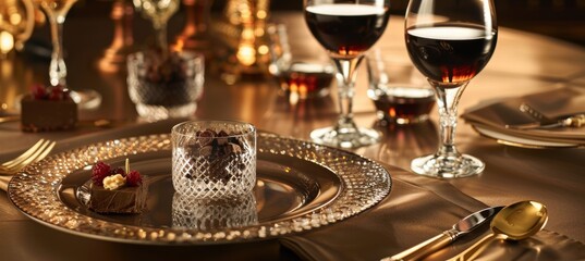 Fototapeta premium Gourmet Dining Experience with Mocha Mousse and Crystal Elegance for Luxury Events