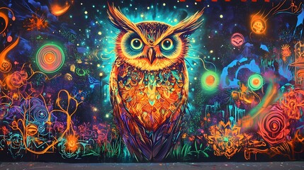 Naklejka premium Psychedelic Owl Mural: A Vibrant Night Vision