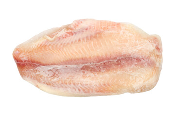 Frozen pangasius fish fillet on a white background. Frozen fish isolated on white background.